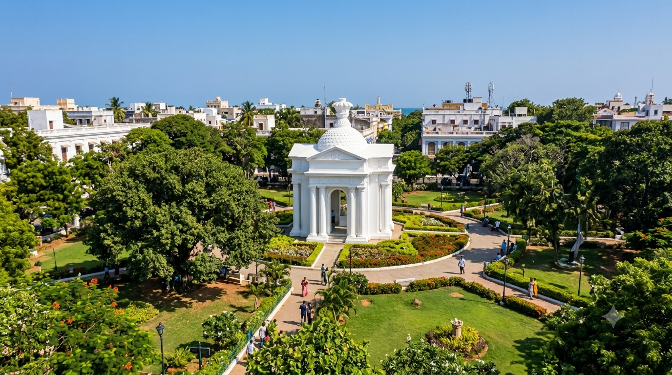 Bharathi Park - Manicured green lawns and pathways in Puducherry French Quarter
