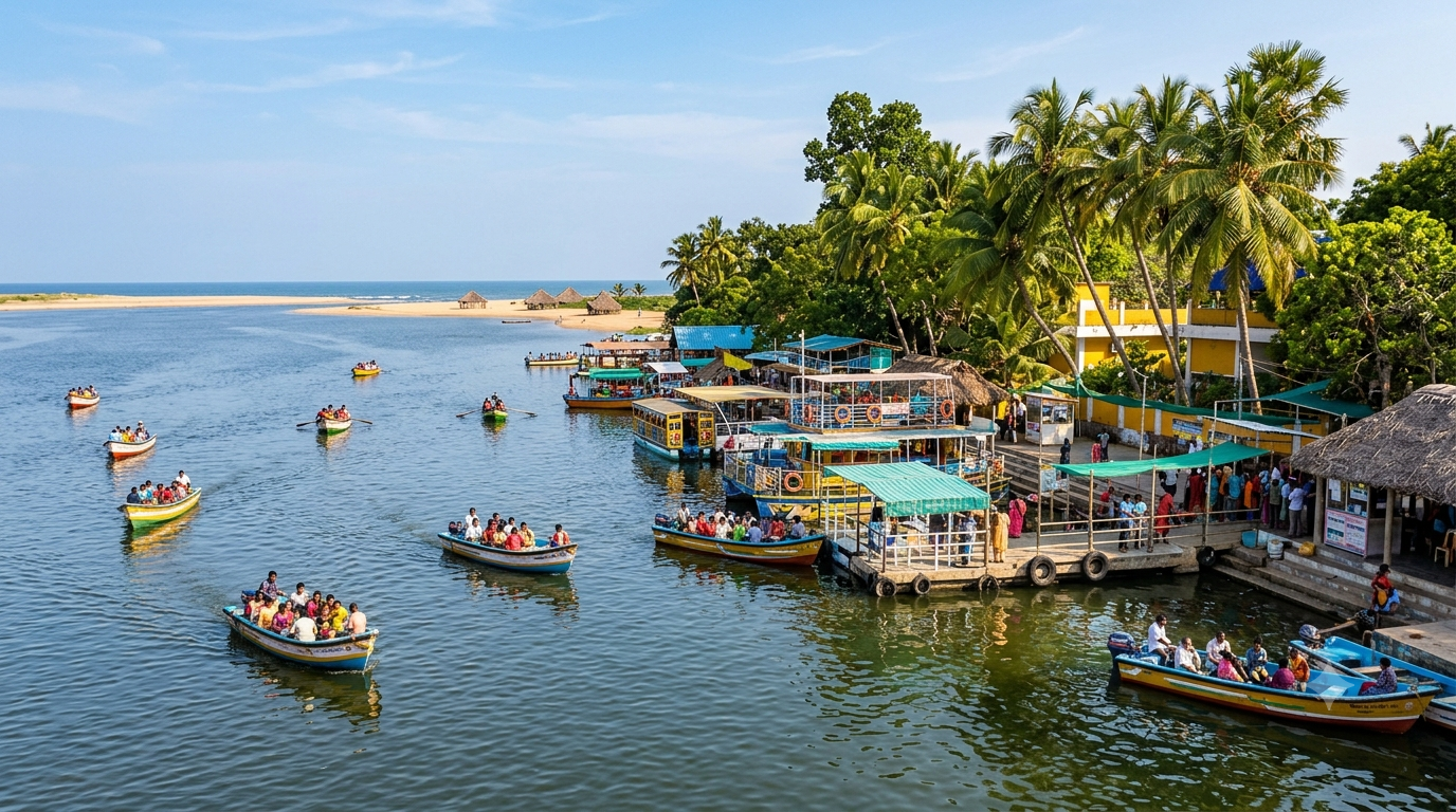 Chunnambar Boat House - Scenic lake with rental boats and palm trees in Puducherry