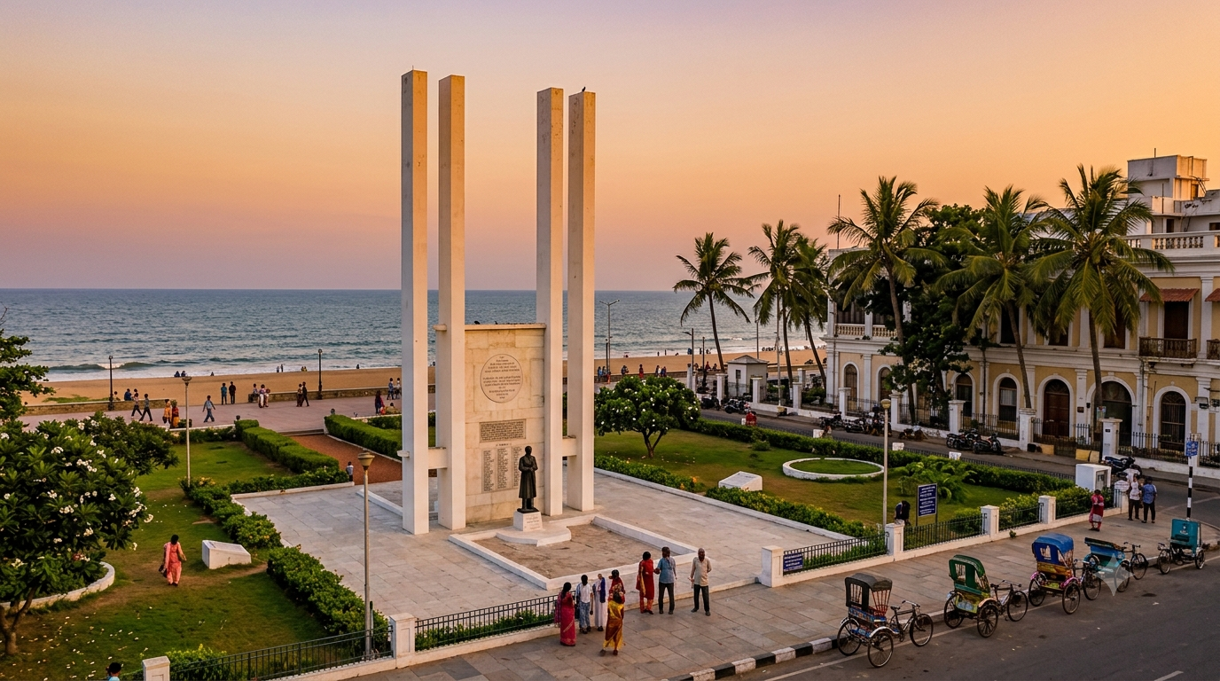 French War Memorial - Elegant white monument commemorating soldiers in Puducherry