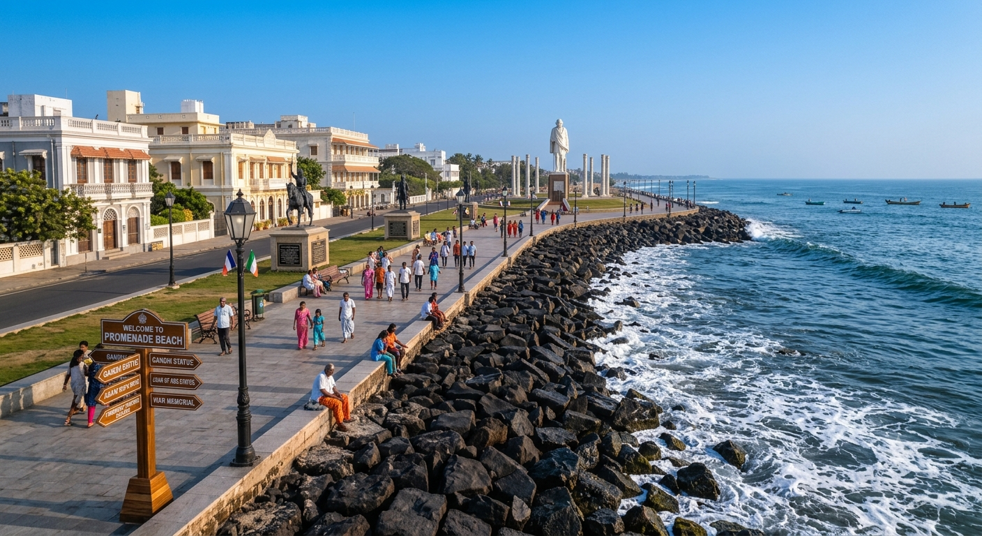 Promenade Beach - Popular seafront walkway next to the ocean in Puducherry