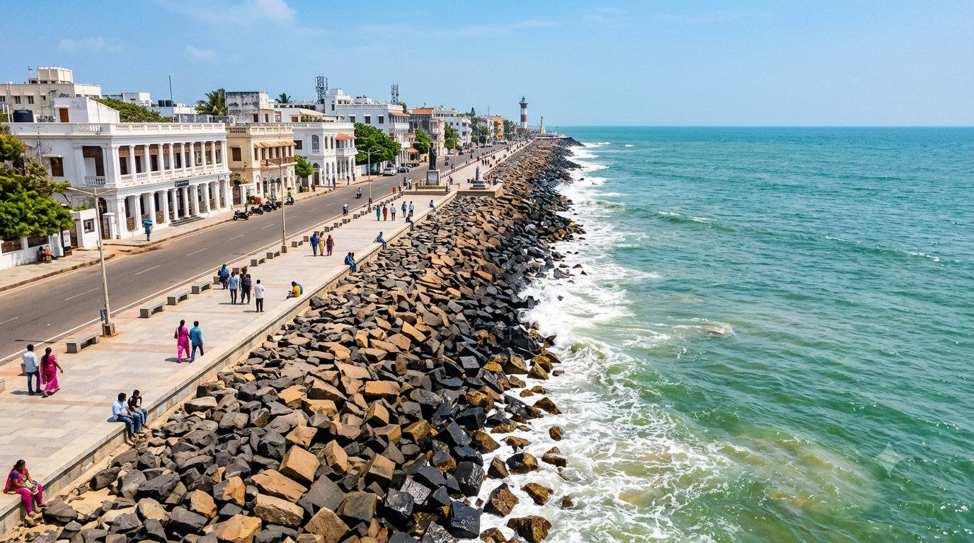 Rock Beach - Scenic rocky shoreline during a vibrant sunset in Puducherry