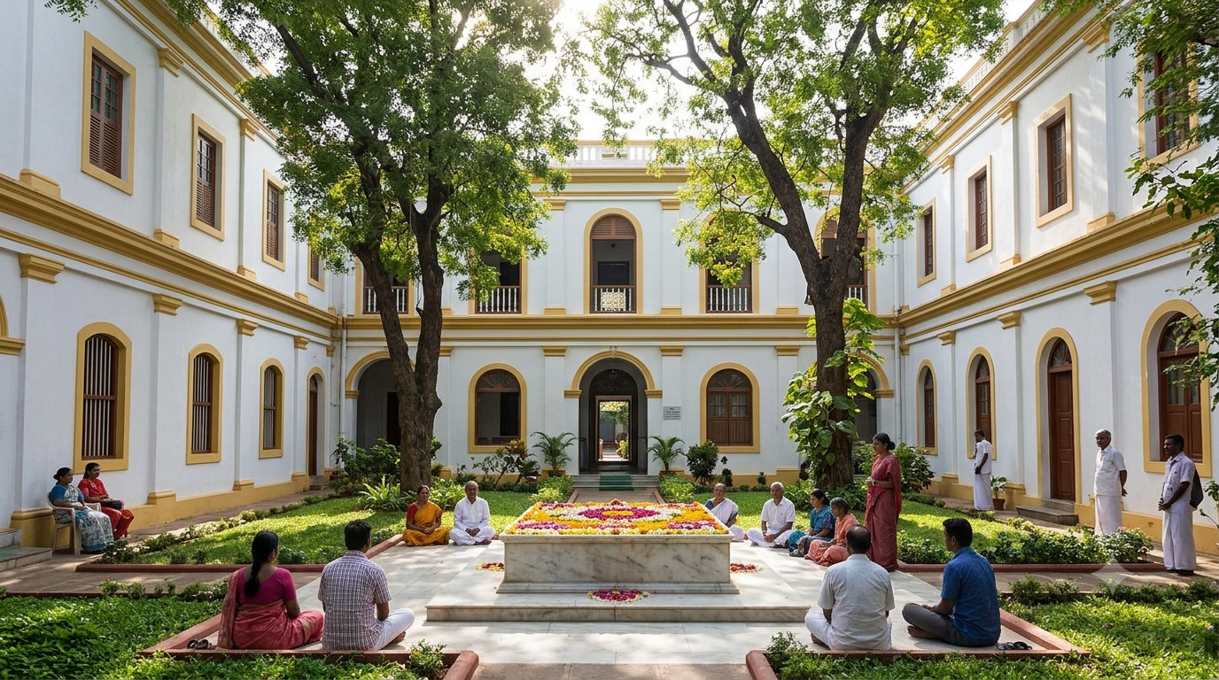 Sri Aurobindo Ashram - Peaceful courtyard sanctuary for meditation in Puducherry